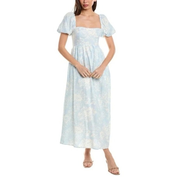 o.p.t Dresses & Skirts - O.P.T  Zeoli Puff Sleeve Linen Blend Midi Blue White Floral Dress Size S Cottage